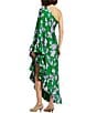 Color:Green Multi - Image 2 - Charmeuse Floral Print One Long Sleeve Asymmetric Ruffle Draped Gown