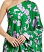 Color:Green Multi - Image 3 - Charmeuse Floral Print One Long Sleeve Asymmetric Ruffle Draped Gown