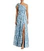 Mac Duggal Chiffon Floral Print One Shoulder Neck Sleeveless Bow Detail Gown, Color:Aqua Multi - Image 1