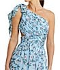 Mac Duggal Chiffon Floral Print One Shoulder Neck Sleeveless Bow Detail Gown, Color:Aqua Multi - Image 3