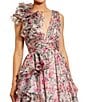 Mac Duggal Chiffon Floral Print V Neck Sleeveless Ruffle A-Line Gown, Color:Pink Multi - Image 3