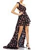Mac Duggal Chiffon One Shoulder Ruffled High Low Gown, Color:Black Multi - Image 1