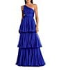Mac Duggal Chiffon One Shoulder Tiered Hem Side Cut-Out Column Gown, Color:Cobalt - Image 1