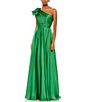 Color:Emerald Green - Image 1 - Chiffon Pleated Asymmetrical Neck Shoulder Ruffle Cap Sleeve Thigh High Slit Gown