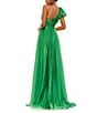 Color:Emerald Green - Image 2 - Chiffon Pleated Asymmetrical Neck Shoulder Ruffle Cap Sleeve Thigh High Slit Gown