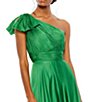 Color:Emerald Green - Image 3 - Chiffon Pleated Asymmetrical Neck Shoulder Ruffle Cap Sleeve Thigh High Slit Gown