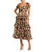 Mac Duggal Chiffon Puff Sleeve A Line Midi Dress With Ruffles, Color:Cream Multi - Image 1