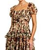 Mac Duggal Chiffon Puff Sleeve A Line Midi Dress With Ruffles, Color:Cream Multi - Image 3