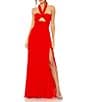 Mac Duggal Chiffon Ruched Halter Strap Keyhole Flowy Gown, Color:Red - Image 1