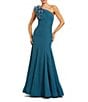 Mac Duggal Crepe One Shoulder 3D Flower Applique Mermaid Gown, Color:Ocean Blue - Image 1