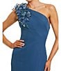 Mac Duggal Crepe One Shoulder 3D Flower Applique Mermaid Gown, Color:Ocean Blue - Image 3