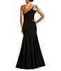 Color:Black - Image 2 - Crepe One Shoulder Sleeveless Flower Applique Gown