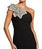 Color:Black - Image 3 - Crepe One Shoulder Sleeveless Flower Applique Gown