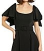 Mac Duggal Crepe Scoop Neck Short Ruffle Sleeve Belted Midi A-Line Dress, Color:Black - Image 3