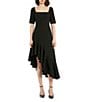 Mac Duggal Crepe Square Neck Elbow Sleeve Asymmetrical Ruffle Hem Midi Dress, Color:Black - Image 1