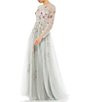 Color:Platinum Multi - Image 1 - Crew Neck 3/4 Sheer Sleeve Floral Ball Gown