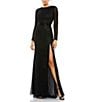 Color:Black - Image 1 - Crew Neck Long Sleeve Thigh High Slit Beaded Sheath Gown