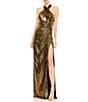 Color:Antique Gold - Image 1 - Crisscross Halter Neck Semi Open Back Detail Sleeveless Thigh High Slit Gown