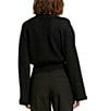 Color:Black - Image 2 - Crochet Knit V-Neck Long Flare Sleeve Cropped Button Front Cardigan