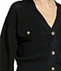 Color:Black - Image 3 - Crochet Knit V-Neck Long Flare Sleeve Cropped Button Front Cardigan