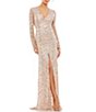 Color:Rose Gold - Image 1 - Deep V-Neck Long Sleeve Thigh High Slit Beaded Sheath Gown