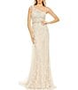 Color:Ivory Nude - Image 1 - Detailed One Shoulder Beaded Waist Lace Gown