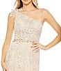Color:Ivory Nude - Image 3 - Detailed One Shoulder Beaded Waist Lace Gown