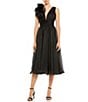 Mac Duggal Double V-Neck Ruffle Shoulder A-line Midi Dress, Color:Black - Image 1