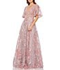 Mac Duggal Double V-Neck Short Flutter Sleeve Embroidered Mesh A-Line Gown, Color:Pink - Image 1