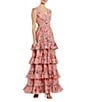 Mac Duggal Double V-Neck Sleeveless Floral Chiffon Tiered Ruffle A-Line Gown, Color:Pink Multi - Image 1