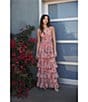 Mac Duggal Double V-Neck Sleeveless Floral Chiffon Tiered Ruffle A-Line Gown, Color:Pink Multi - Image 5