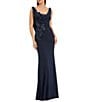 Mac Duggal Drape Neckk 3D Floral Applique Jersey Column Gown, Color:Midnight - Image 1