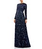 Color:Midnight - Image 1 - Embellished Illusion Crew Neck Long Sleeve A-Line Gown