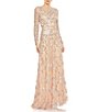 Color:Blush - Image 1 - Embellished Illusion Crew Neck Long Sleeve A-Line Gown
