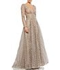 Mac Duggal Embellished Illusion Long Sleeve Wrap Over A Line Gown, Color:Taupe - Image 1