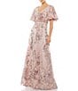 Mac Duggal Embellished Mesh Floral Print V Neck Short Sleeve A-Line Gown, Color:Rose Pink - Image 1