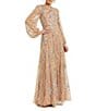 Mac Duggal Embellished Mesh High Neck Puff Sleeves Sequin A-Line Gown, Color:Nude Silver - Image 1