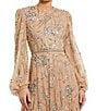 Mac Duggal Embellished Mesh High Neck Puff Sleeves Sequin A-Line Gown, Color:Nude Silver - Image 3