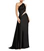 Mac Duggal Embellished Mesh Inset Satin Ruched One Shoulder Sleeveless Draped Gown, Color:Black - Image 1