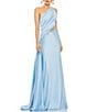 Color:Powder Blue - Image 1 - Embellished Mesh Inset Satin Ruched One Shoulder Sleeveless Draped Gown