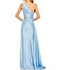 Color:Powder Blue - Image 2 - Embellished Mesh Inset Satin Ruched One Shoulder Sleeveless Draped Gown