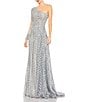Mac Duggal Embellished Mesh One Shoulder A-Line Gown, Color:Platinum - Image 1