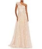 Mac Duggal Embellished Asymmetrical Neck Sleeveless Feather Shoulder A-Line Gown, Color:Peach - Image 1