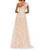 Mac Duggal Embellished Asymmetrical Neck Sleeveless Feather Shoulder A-Line Gown, Color:Peach - Image 2