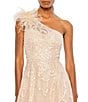 Mac Duggal Embellished Asymmetrical Neck Sleeveless Feather Shoulder A-Line Gown, Color:Peach - Image 3