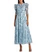 Mac Duggal Embroidered Floral Lace Crew Neck 3/4 Puff Sleeve A-Line Midi Dress, Color:French Blue - Image 1