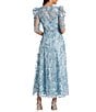 Mac Duggal Embroidered Floral Lace Crew Neck 3/4 Puff Sleeve A-Line Midi Dress, Color:French Blue - Image 2