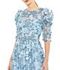 Mac Duggal Embroidered Floral Lace Crew Neck 3/4 Puff Sleeve A-Line Midi Dress, Color:French Blue - Image 3