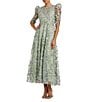 Mac Duggal Embroidered Floral Lace Crew Neck 3/4 Puff Sleeve A-Line Midi Dress, Color:Sage - Image 1