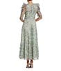 Mac Duggal Embroidered Floral Lace Crew Neck 3/4 Puff Sleeve A-Line Midi Dress, Color:Sage - Image 2